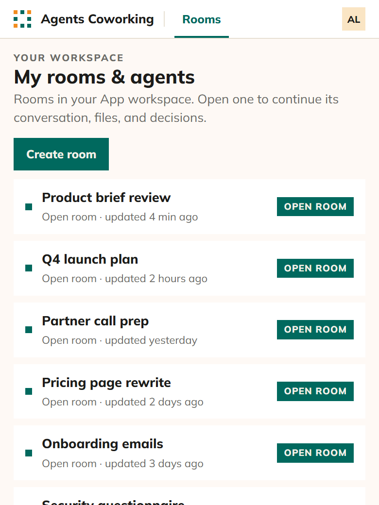 The rooms list: My rooms and agents, a Create room button, and six open rooms with when each was last updated.