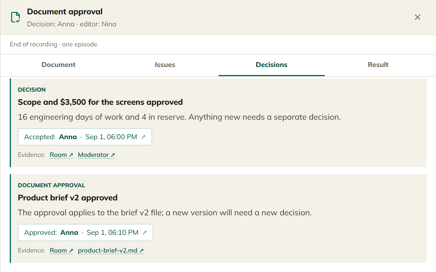 Design mockup: a Decisions tab with two decisions accepted by a person, each with evidence.