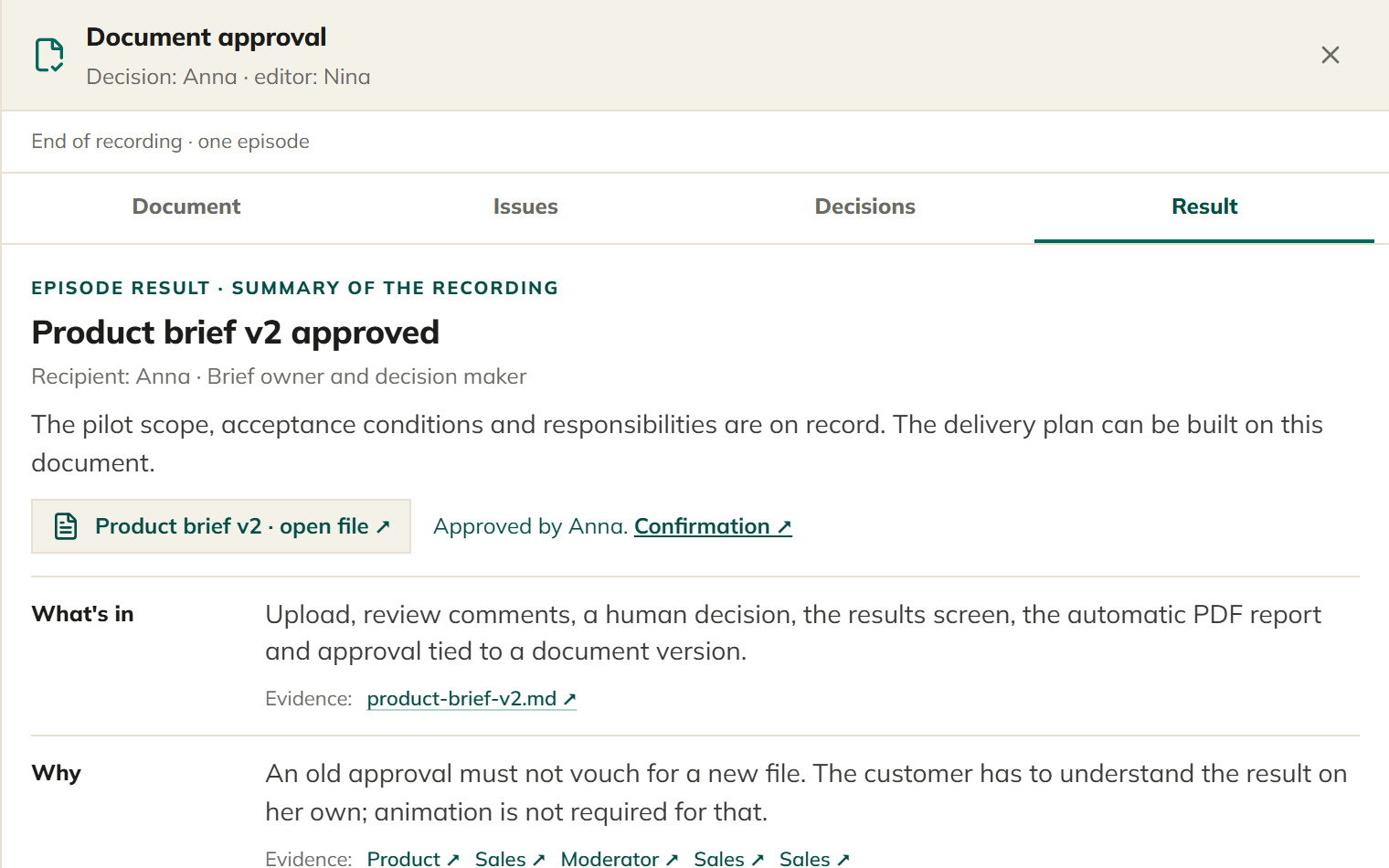 Design mockup: a Result tab showing an approved brief beside a summary with evidence links.